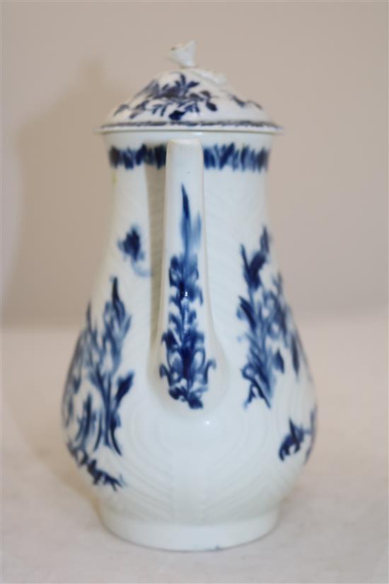 A Worcester feather moulded blue and white coffee pot, c.1760, 22cm, associated cover with re-glued finial